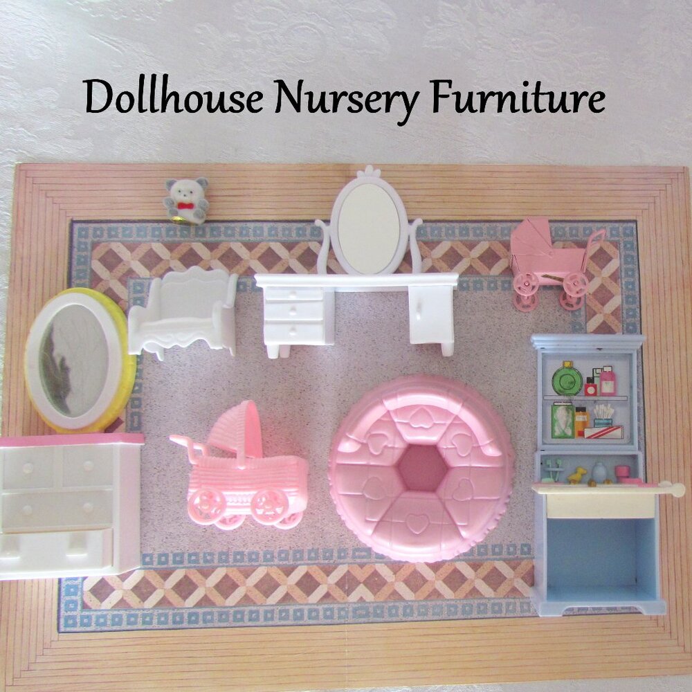 DOLLHOUSE FURNITURE, BABY NURSERY BUGGIES, VANITY, BATHROOM SINK, DRAWERS, CHAIR